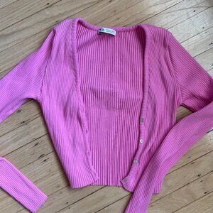 Zara TRF Cropped Pink Ribbed Cardigan